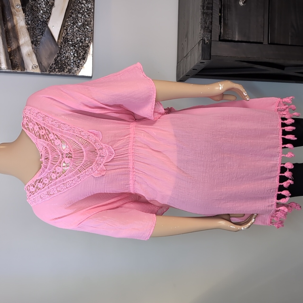 Charlie Paige Pink Tassel Swim Cover Up Womens One Size Boho Crochet Kaftan - Picture 8 of 13